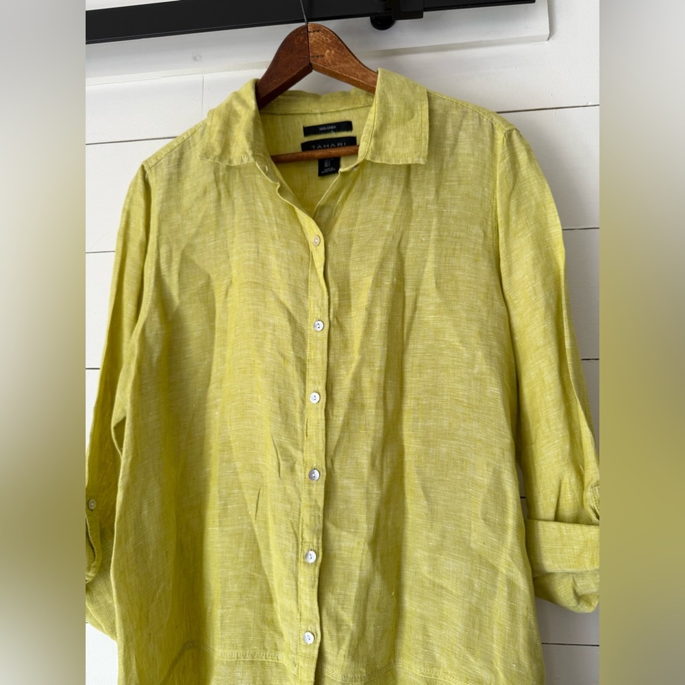 TAHARI Chartreuse 100% Linen Collared Button Front Blouse Shirt Tunic Size Large - Picture 2 of 6